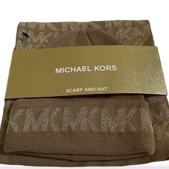 NWT Michael Kors hat and scarf set...tan & gold...In Box great gift!! main image 4